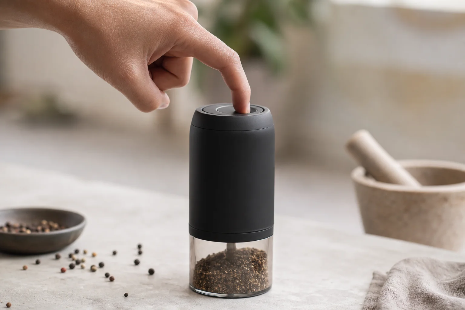 Hand pressing the one-touch button on a compact kitchen grinder