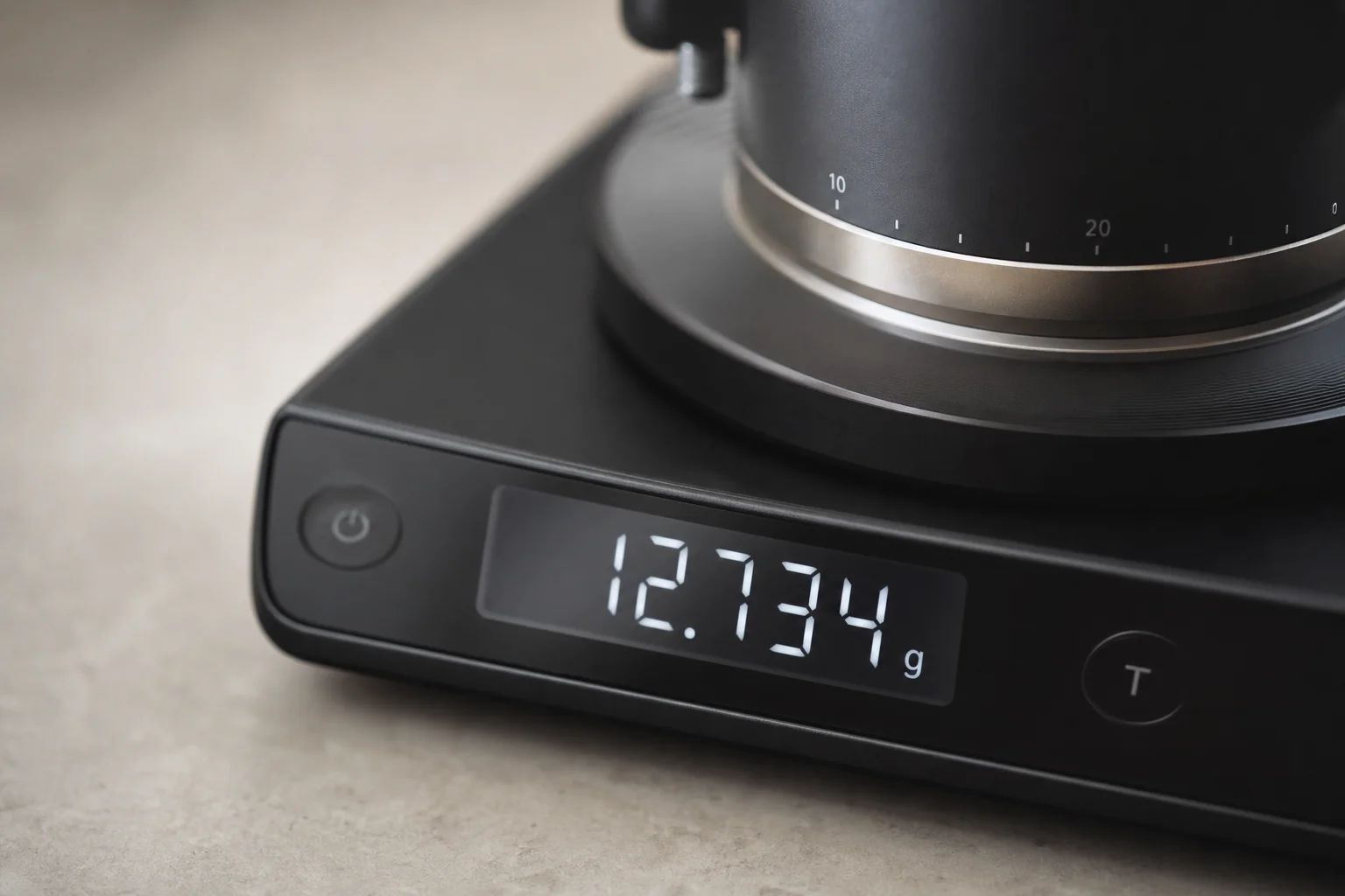 Digital scale display showing precise coffee ground weight measurement