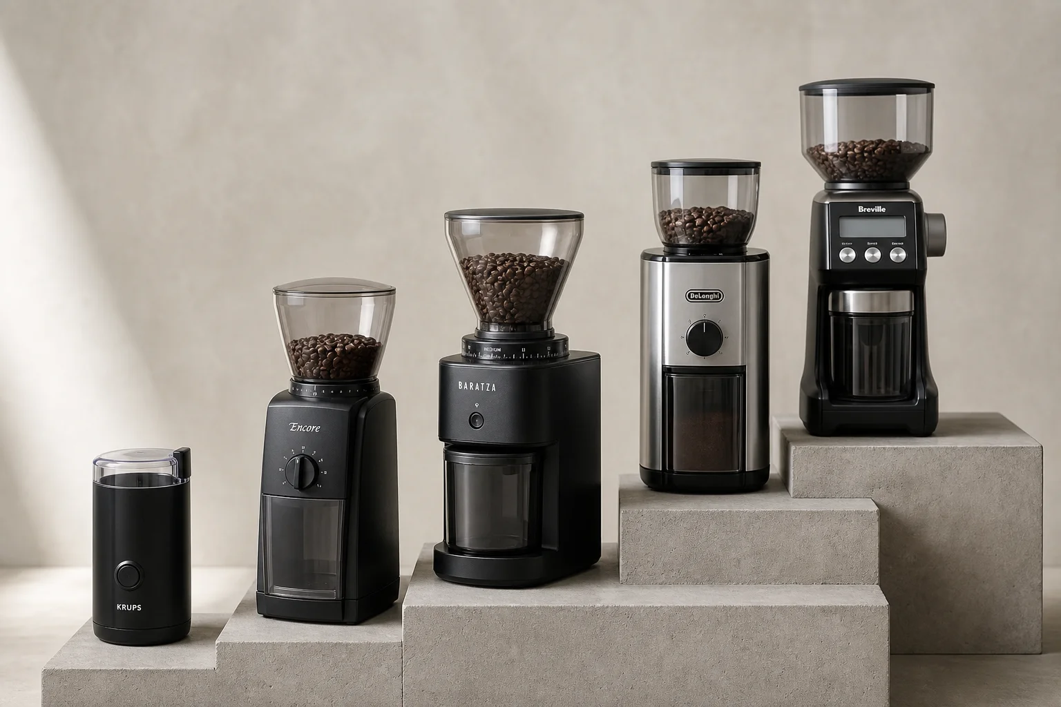 Five coffee grinders arranged by size on a concrete surface