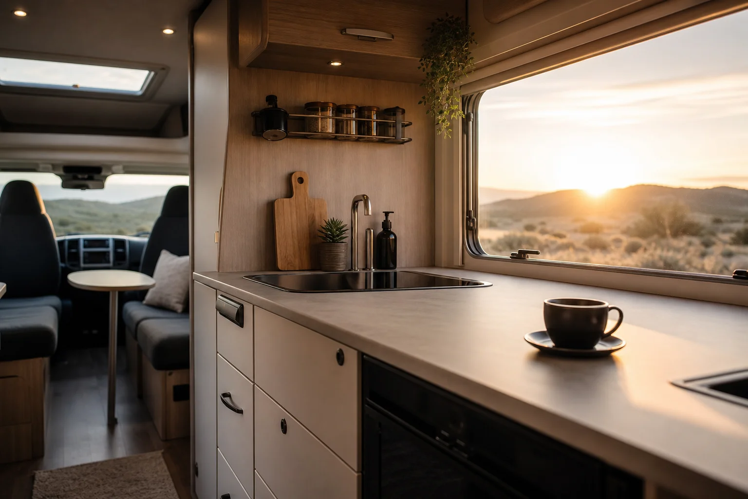 Motorhome interior kitchenette with morning light and coffee cup