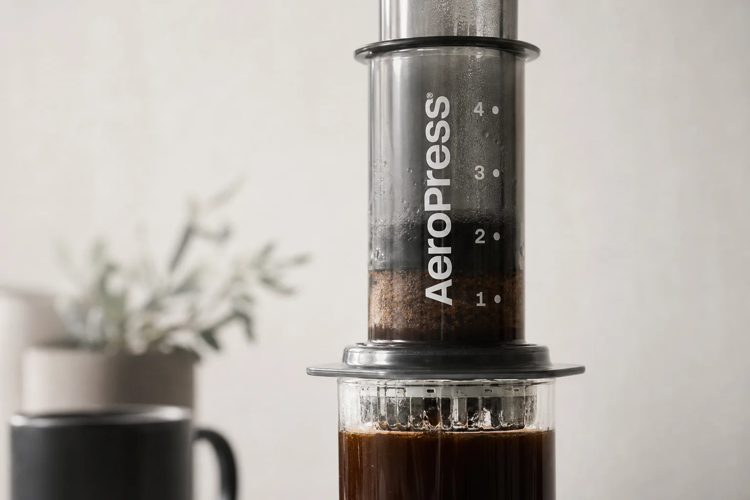 Close-up of AeroPress with ground coffee and filter during brewing