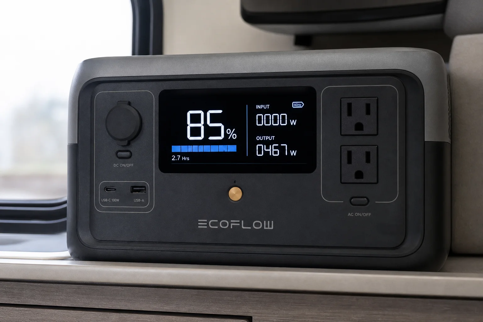Power station display showing battery percentage and wattage consumption