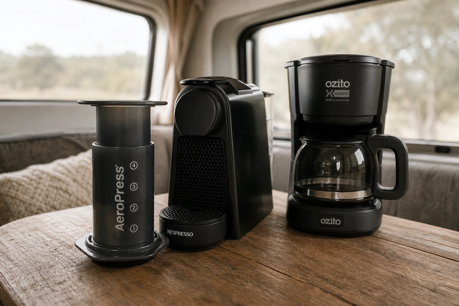Three coffee machines arranged on a motorhome table: AeroPress, Nespresso Essenza Mini, and Ozito