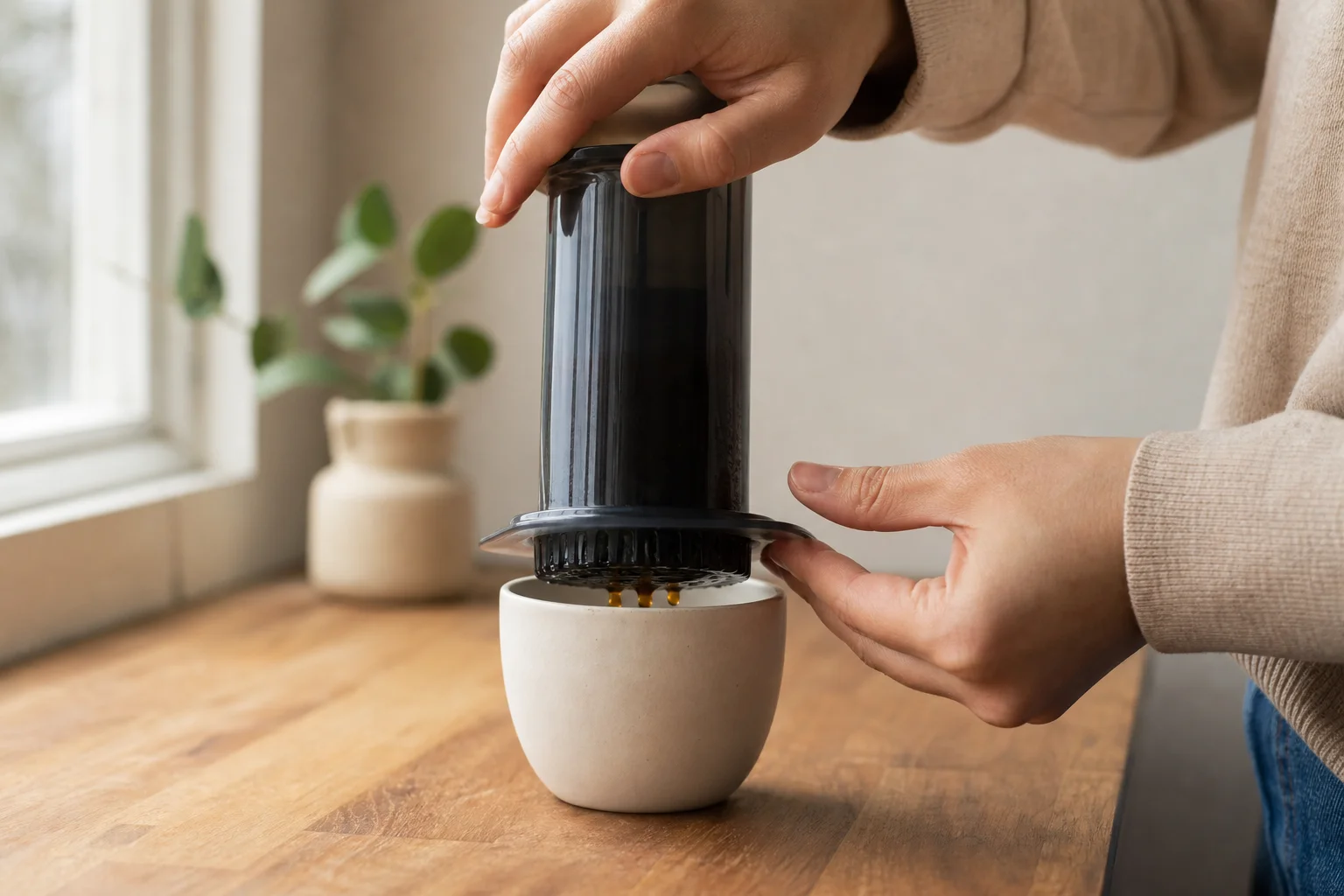 Mani che tengono un'AeroPress sopra una tazza bianca su un piano di lavoro in legno
