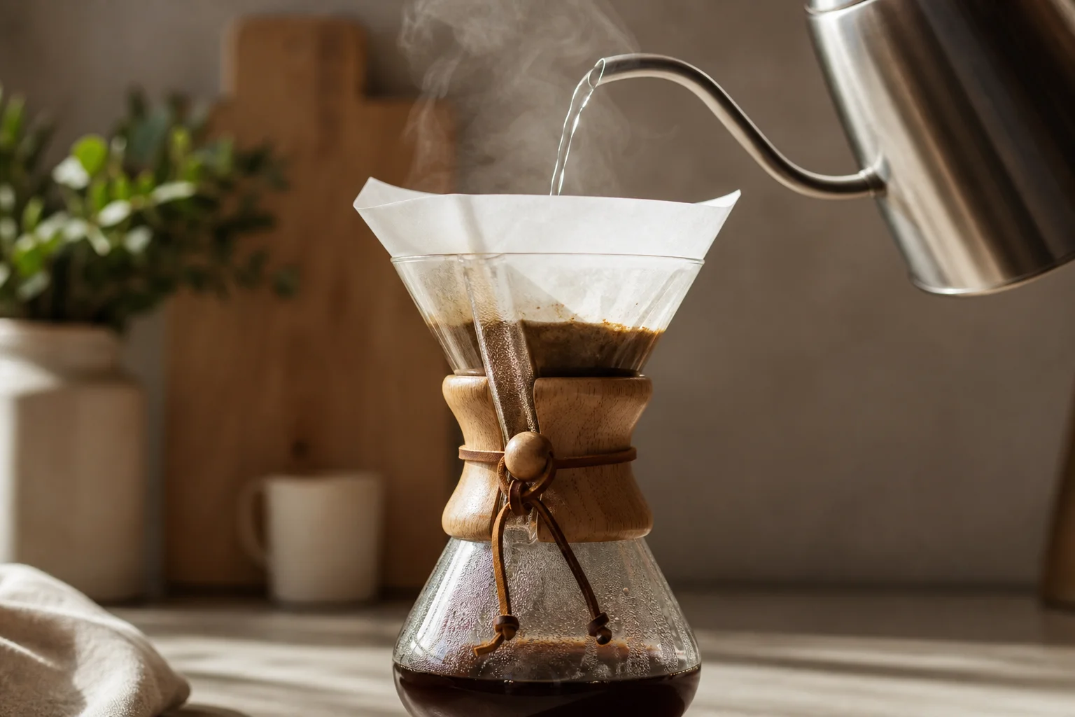 Versamento di acqua calda in una Chemex con filtro di carta visibile
