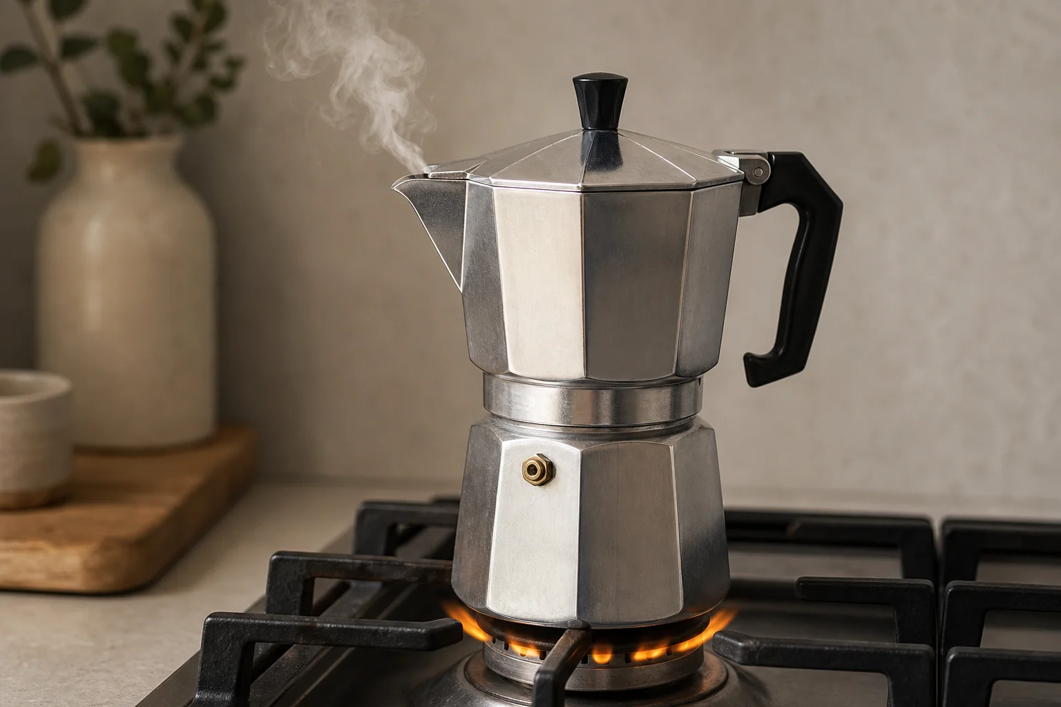 Moka Express su un fornello a gas con vapore che sale