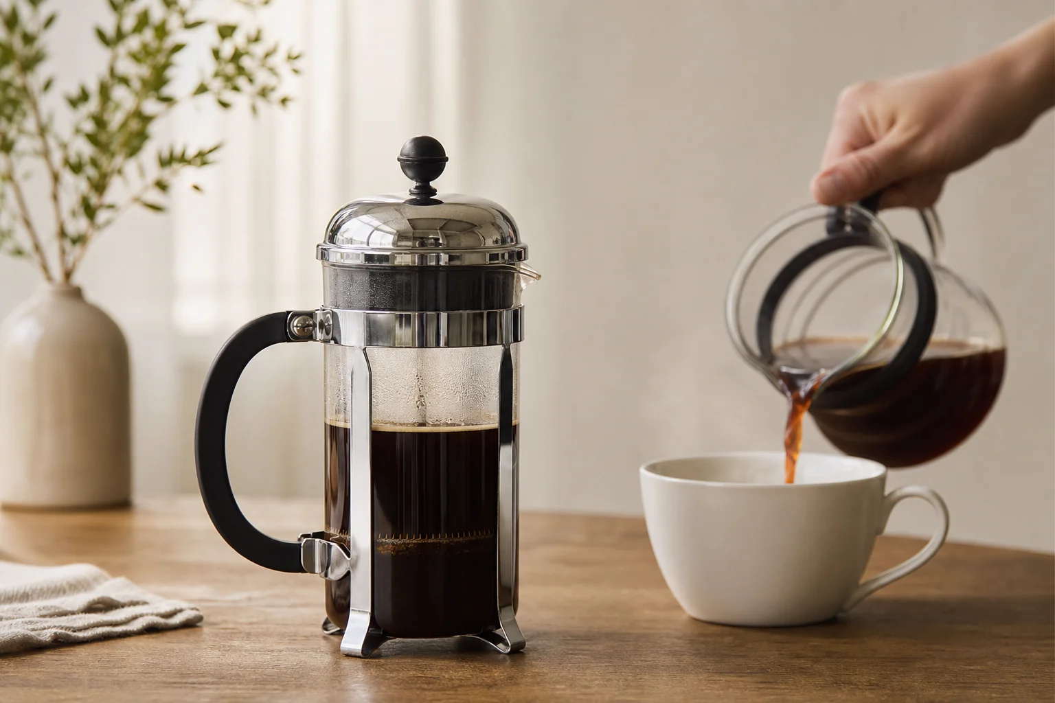 French press Bodum Chambord che versa il caffè in una tazza bianca