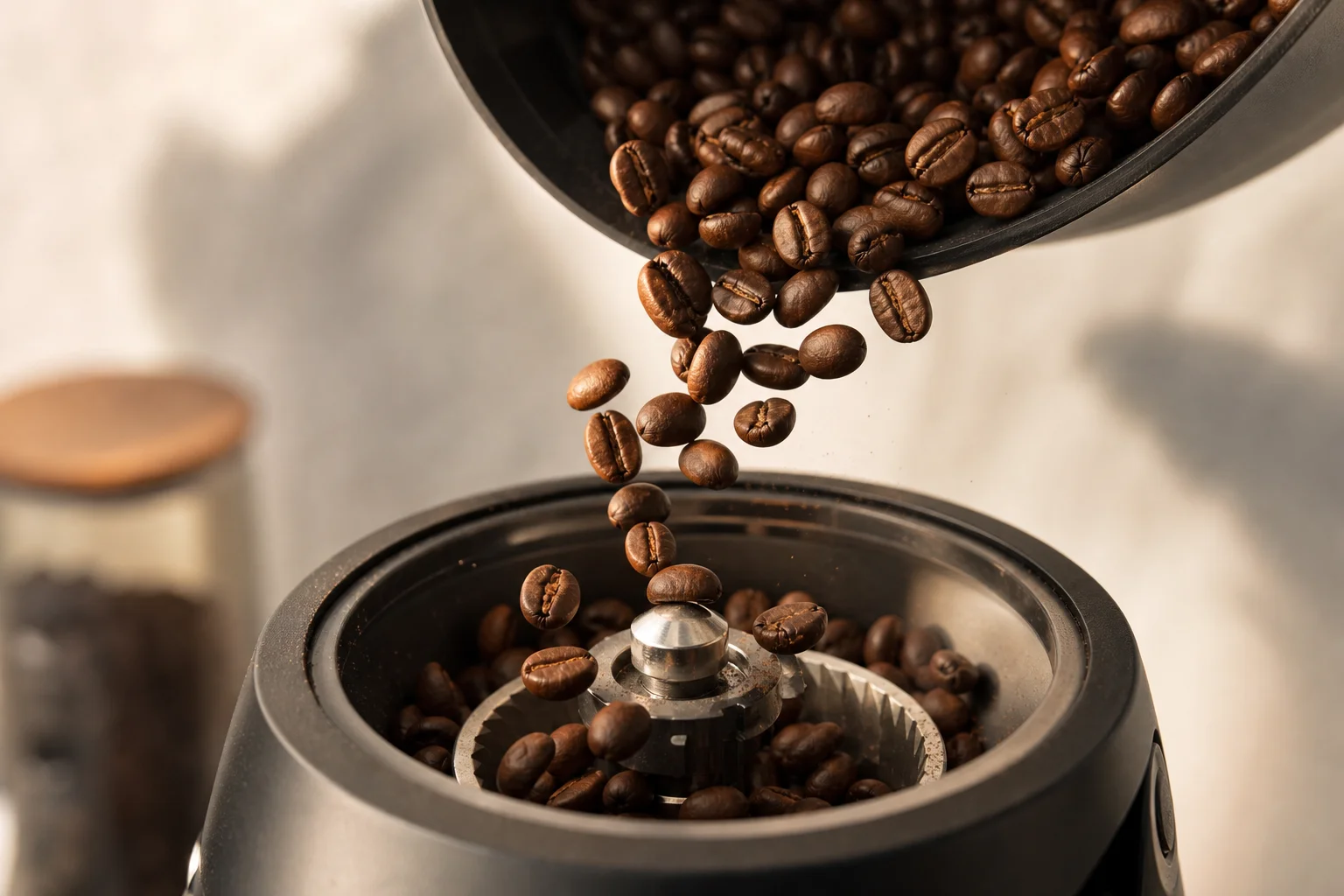 Close-up of fresh coffee beans being ground into a portafilter