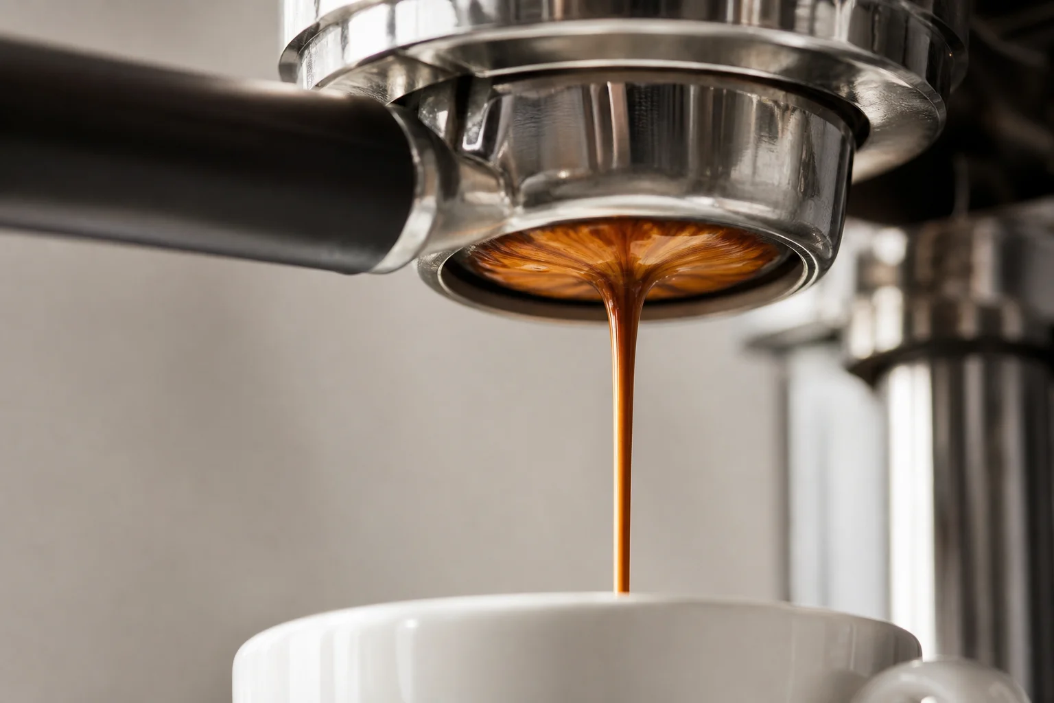 Espresso extraction from a professional-style machine with rich crema