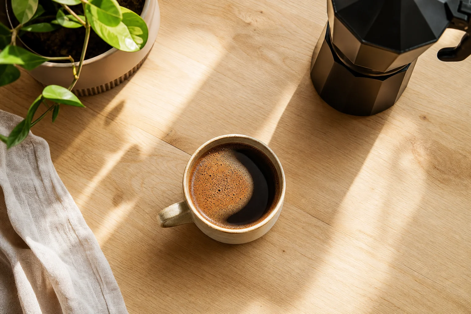 Morning coffee setup with a full cup and coffee maker on kitchen counter