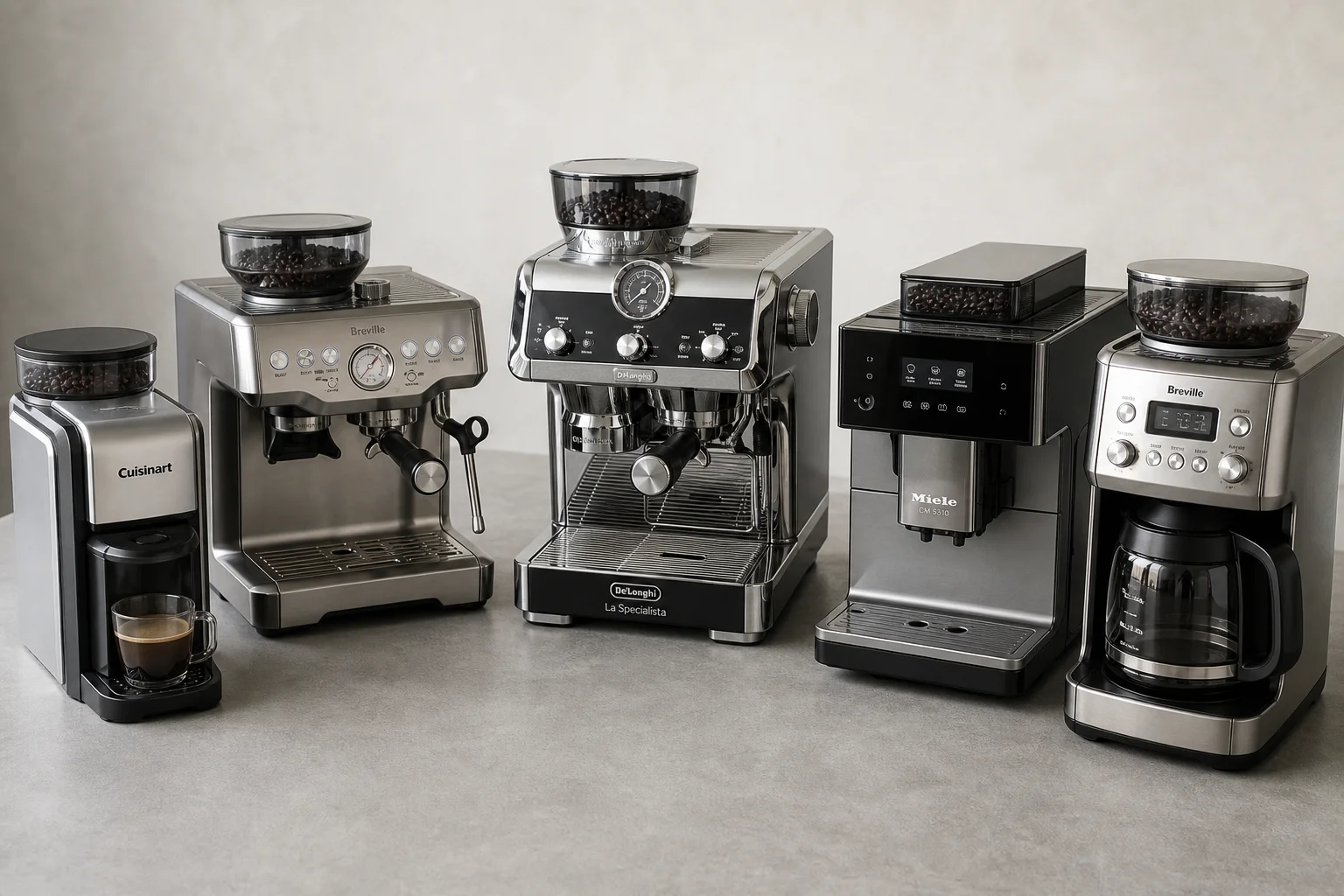 Five coffee makers with integrated grinders arranged on concrete surface