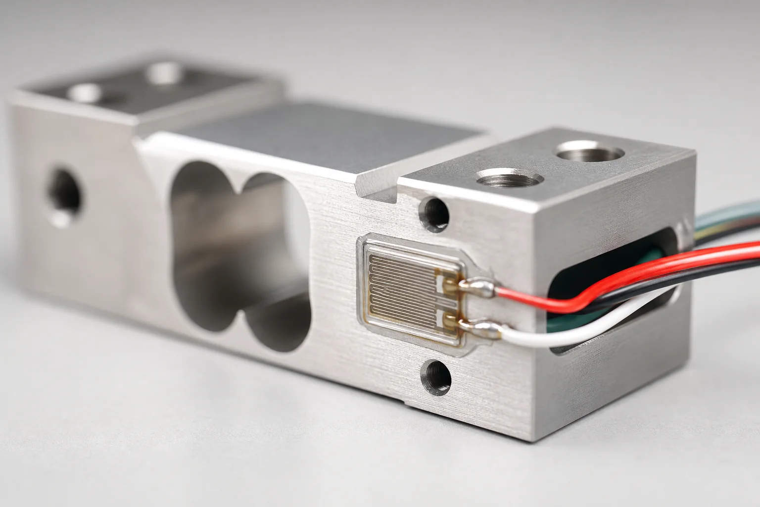 Close-up of a load cell component inside a disassembled coffee scale