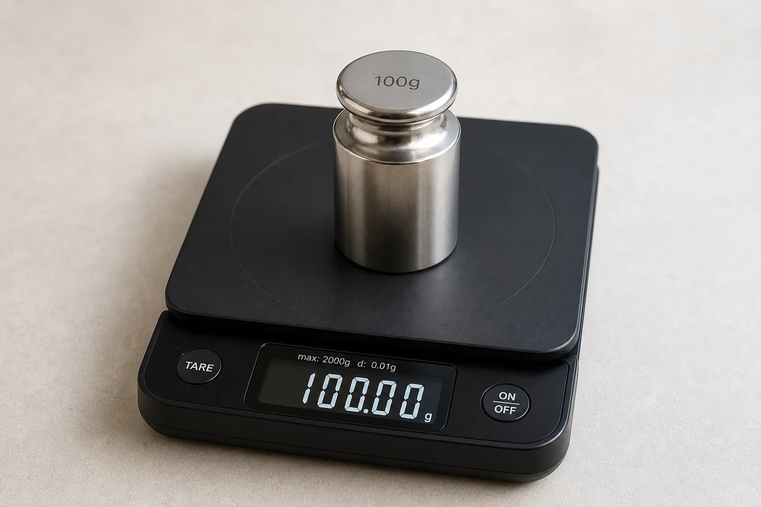 Precision calibration weight on a coffee scale display showing 100 grams