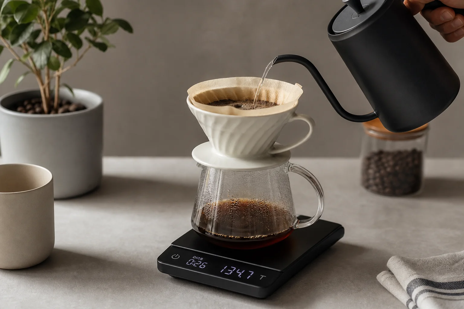 Barista pouring water onto a coffee scale during pour-over brewing