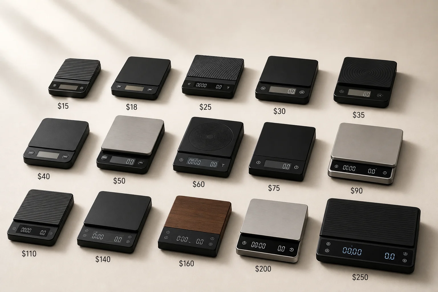Collection of 15 coffee scales arranged by price from budget to premium models