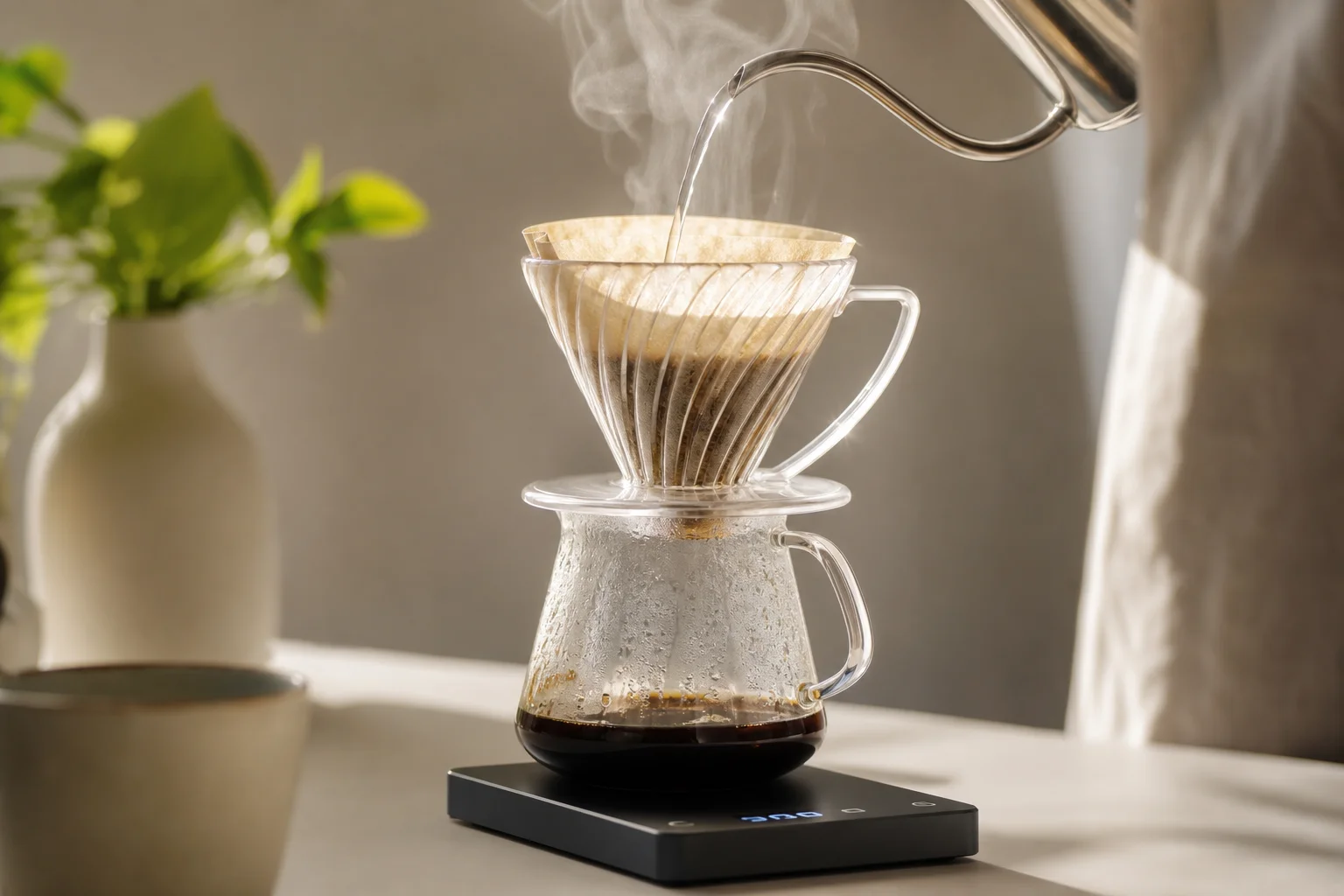 Close-up of coffee being poured into a scale during pour-over brewing