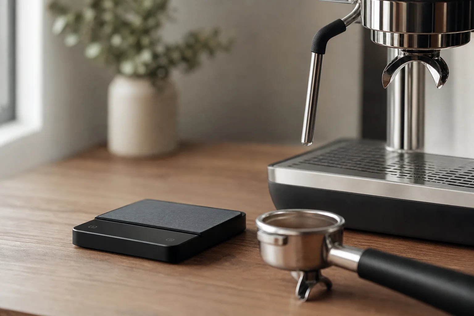 Espresso scale with small footprint on a home espresso machine workspace