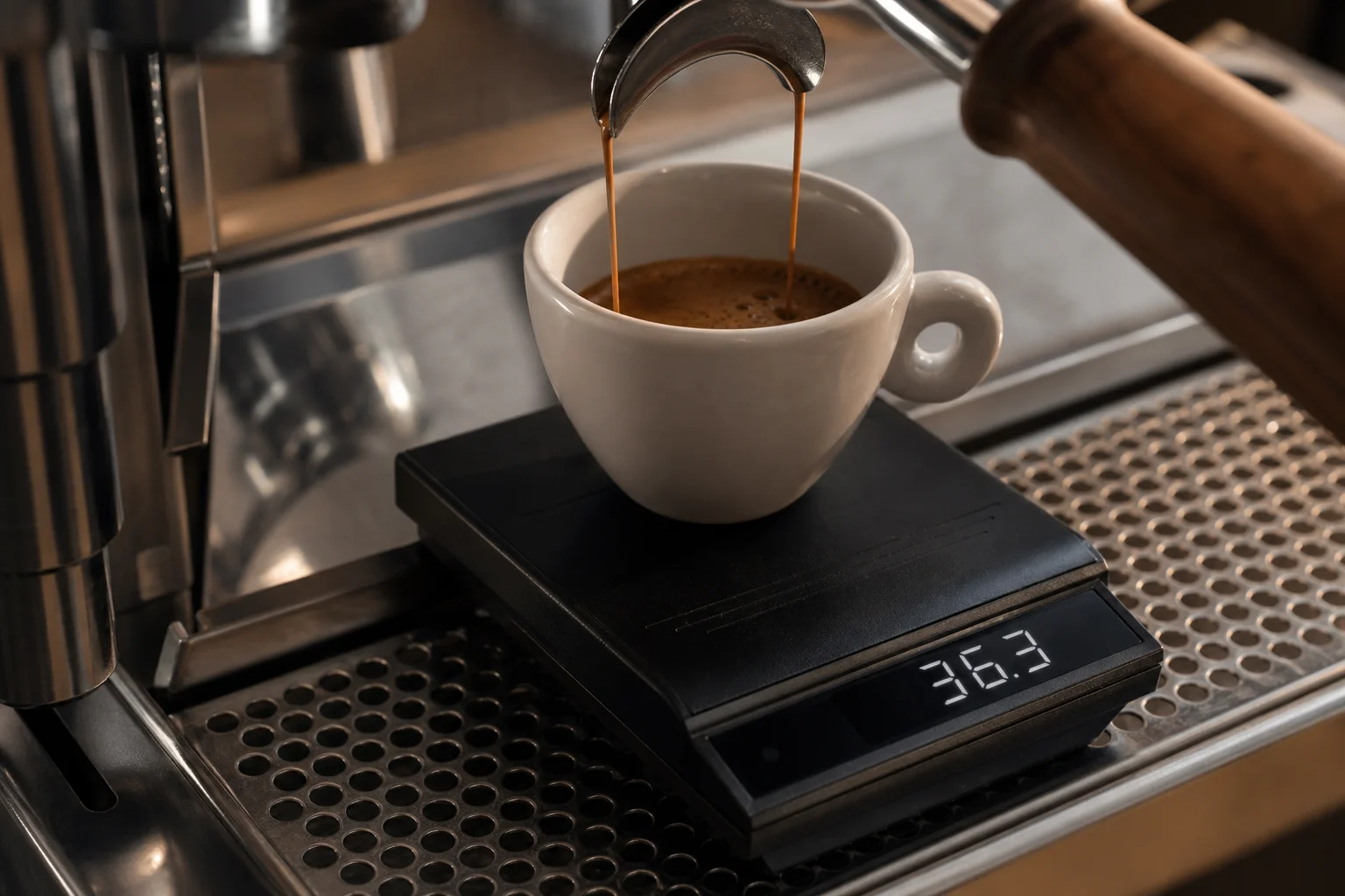 Espresso shot being pulled with scale measuring weight in real time
