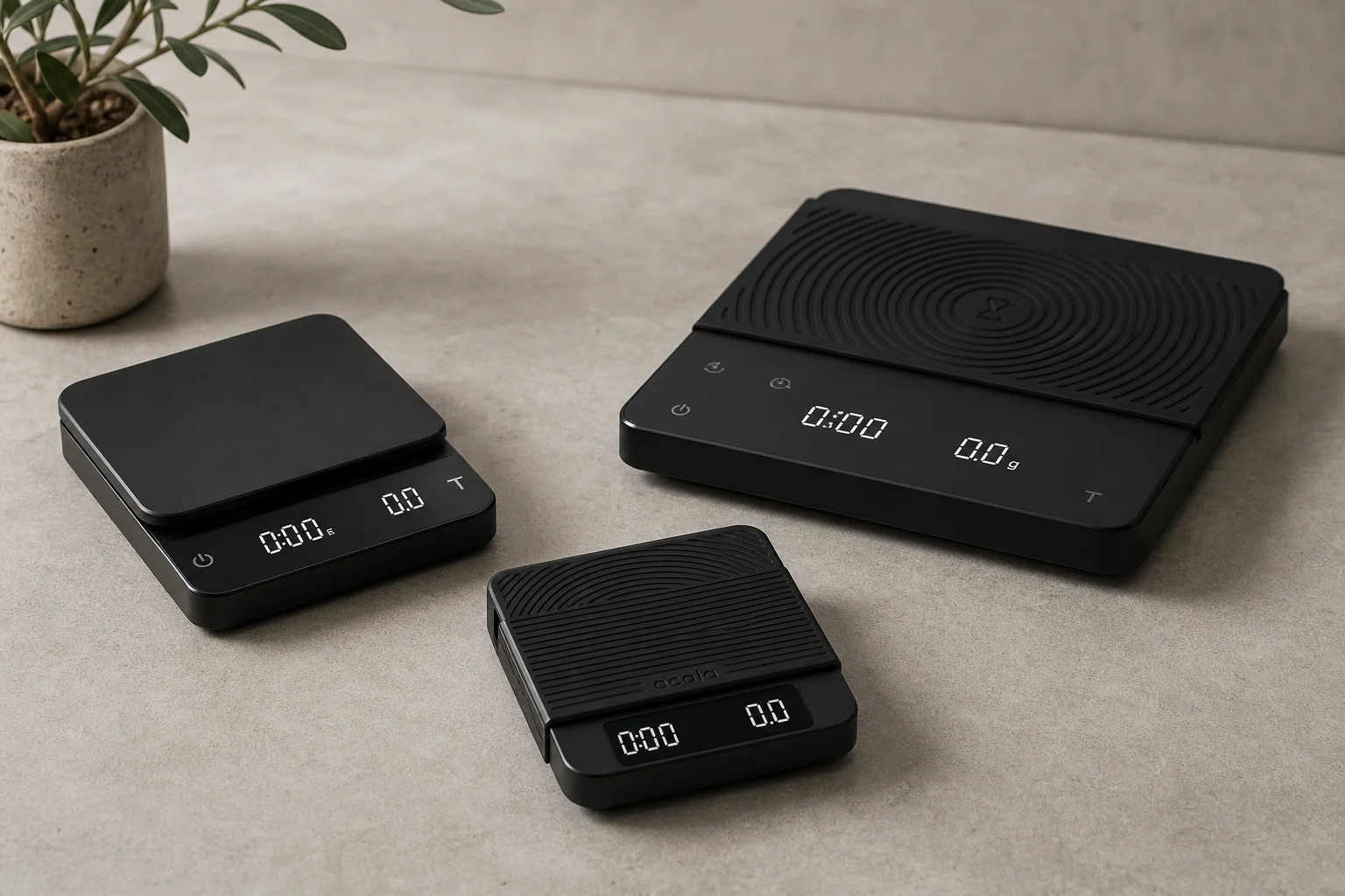 Collection of coffee scales on concrete surface showing size and design variety