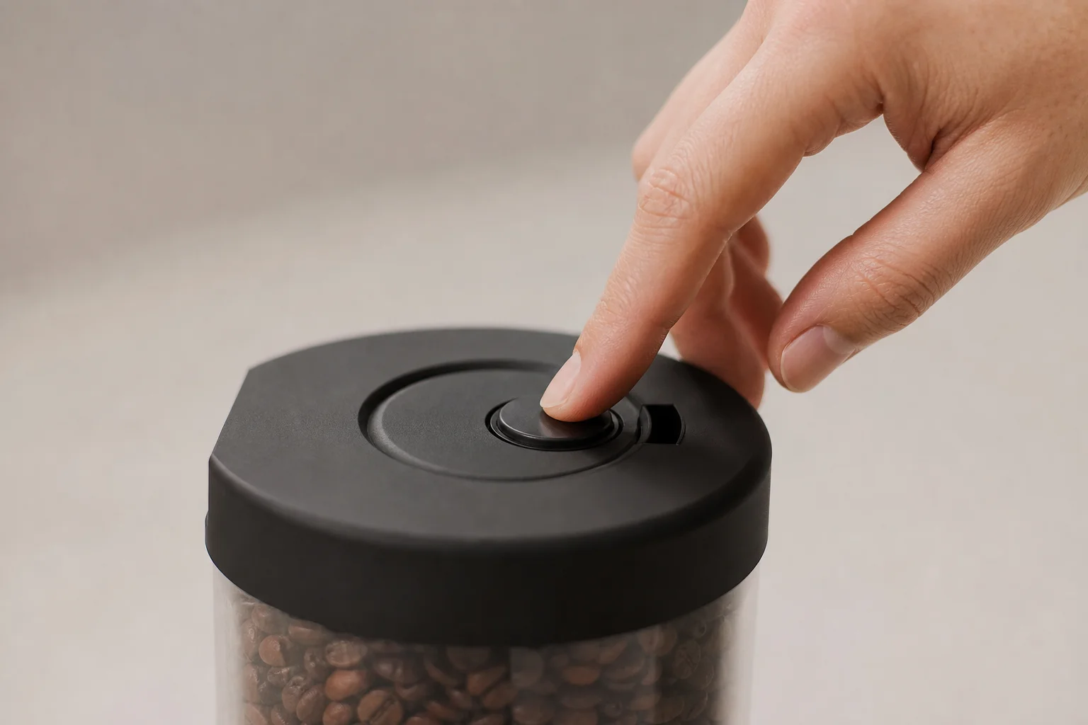 Hand pressing a button mechanism on top of a coffee container