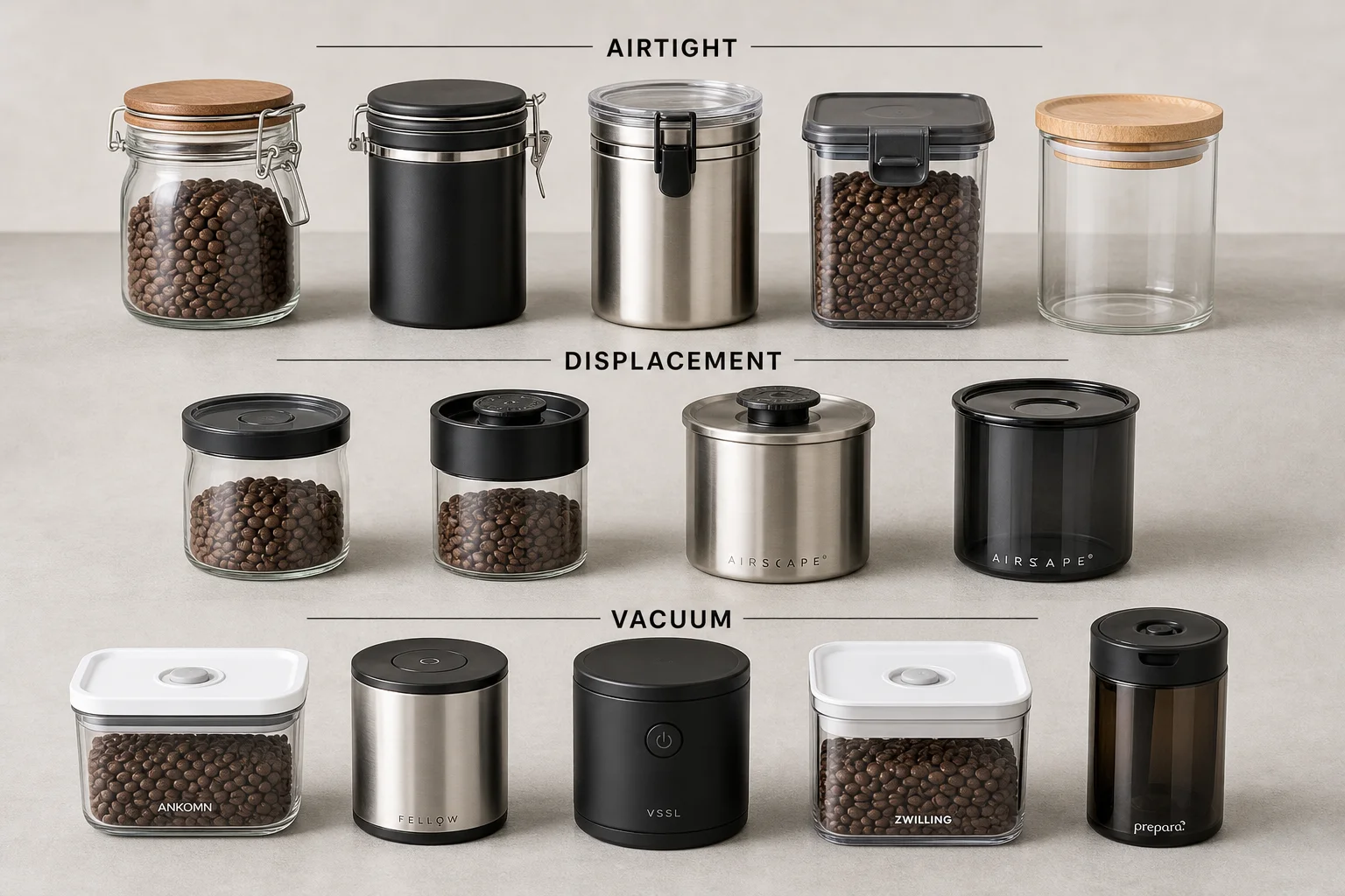 Eleven coffee storage containers arranged by category on concrete surface
