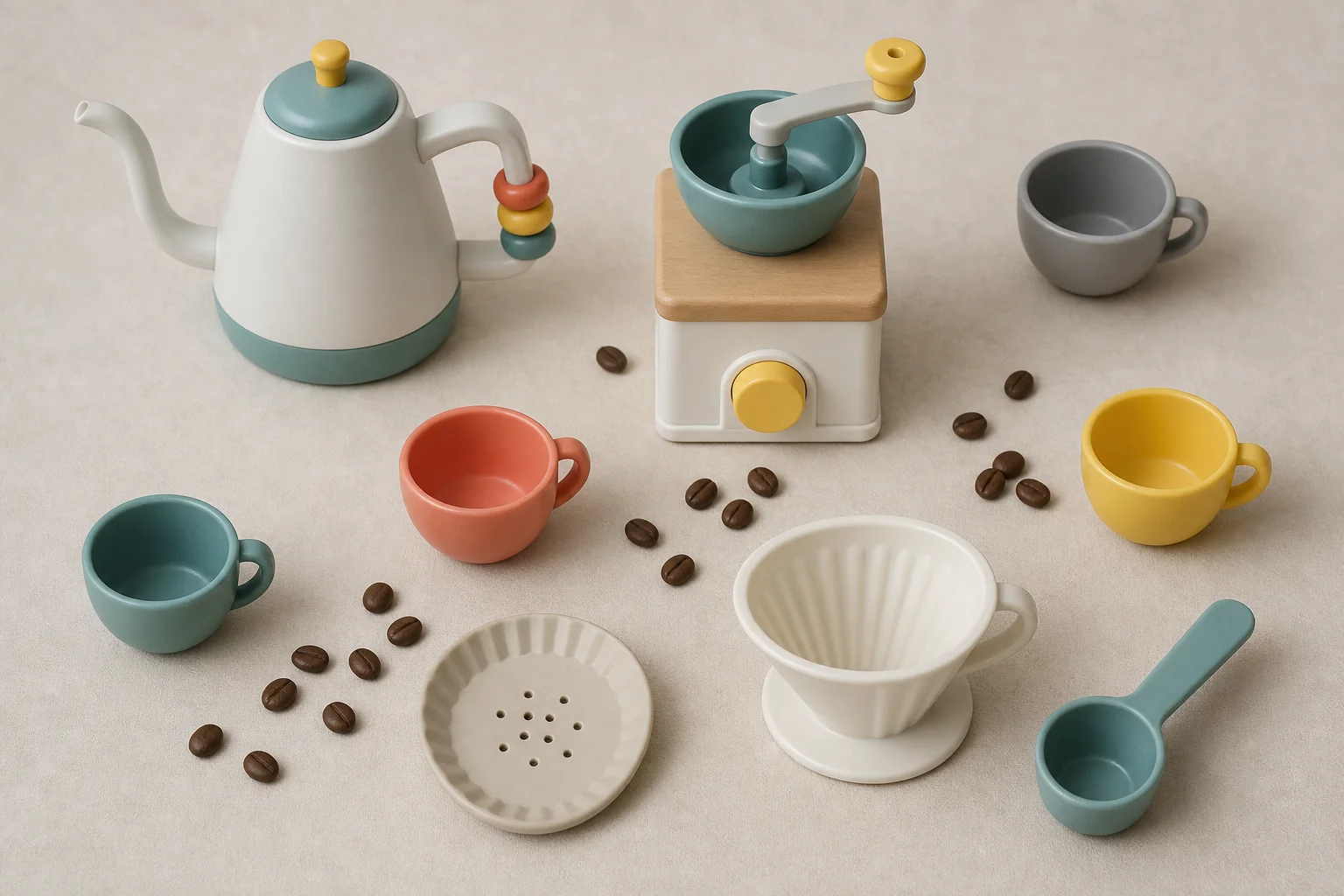 Fisher Price pour-over set with grinder, kettle, and filter cone arranged overhead