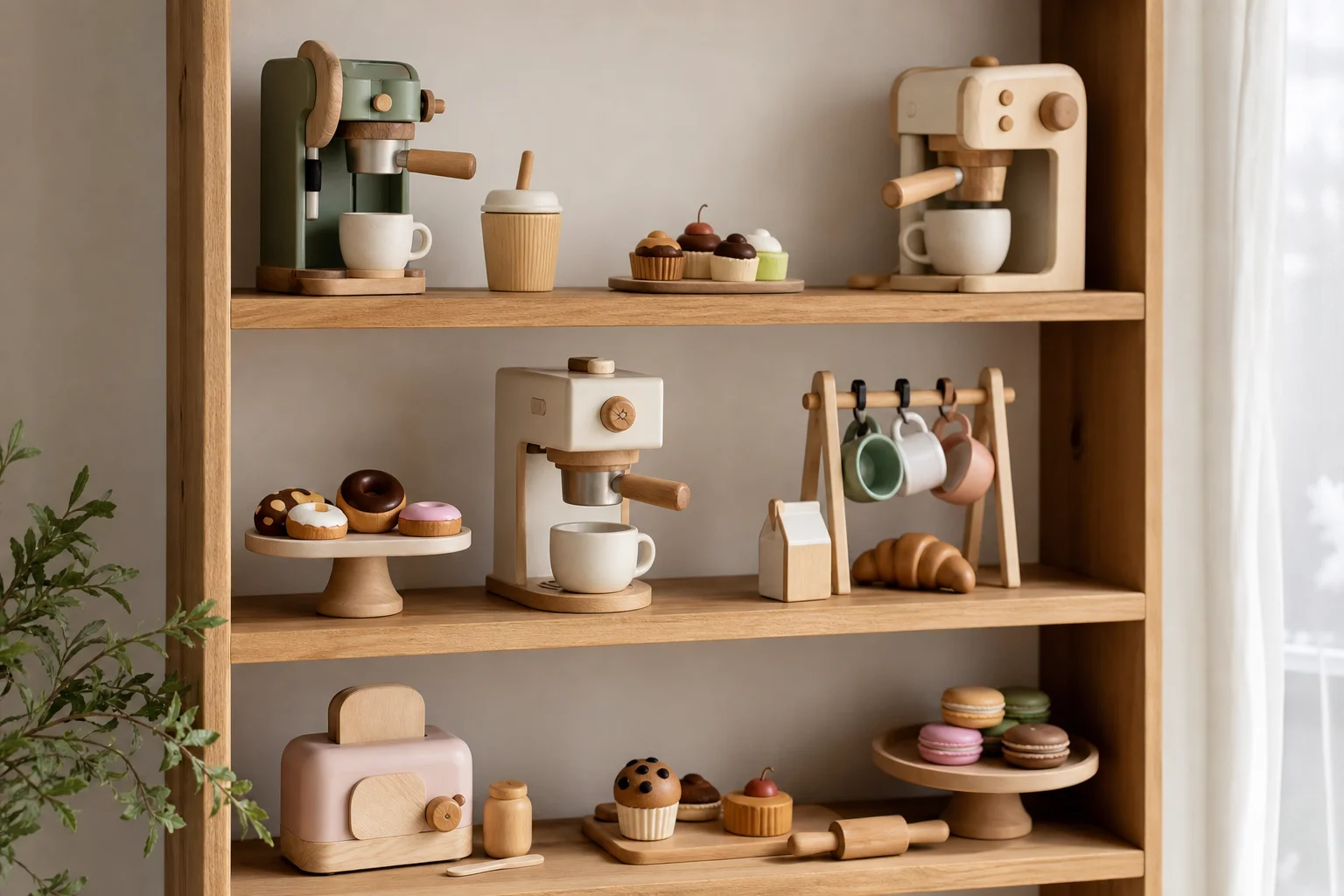 Assorted coffee toy sets and bakery pieces displayed on wooden shelf