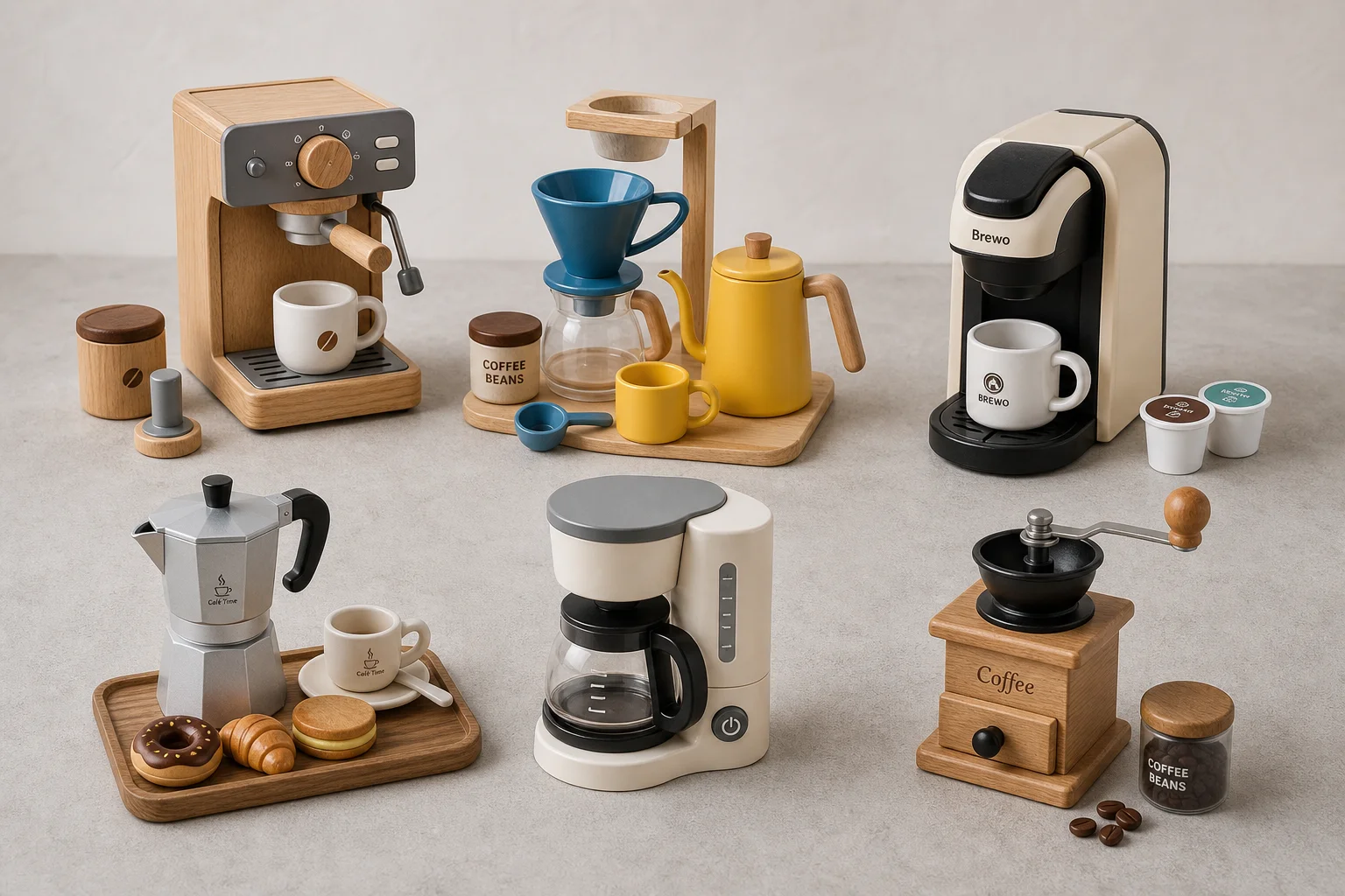 Six coffee toy sets arranged on concrete surface showing espresso machines, pour-over set, and bakery pieces