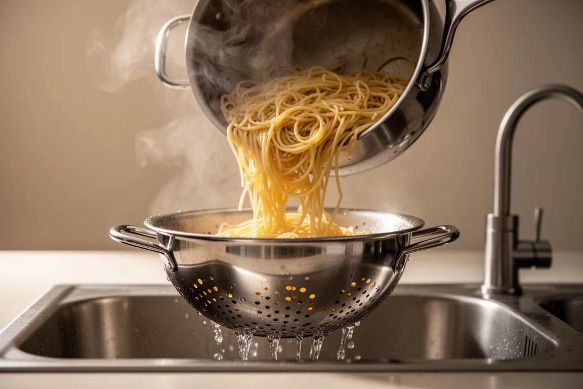 Cooked pasta being drained through a perforated colander in a home kitchen