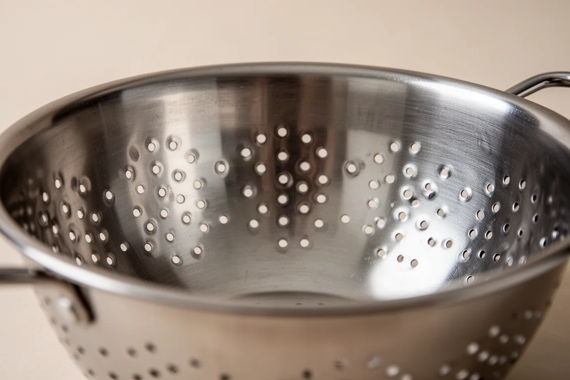 Close-up of small round perforations across the surface of a metal colander