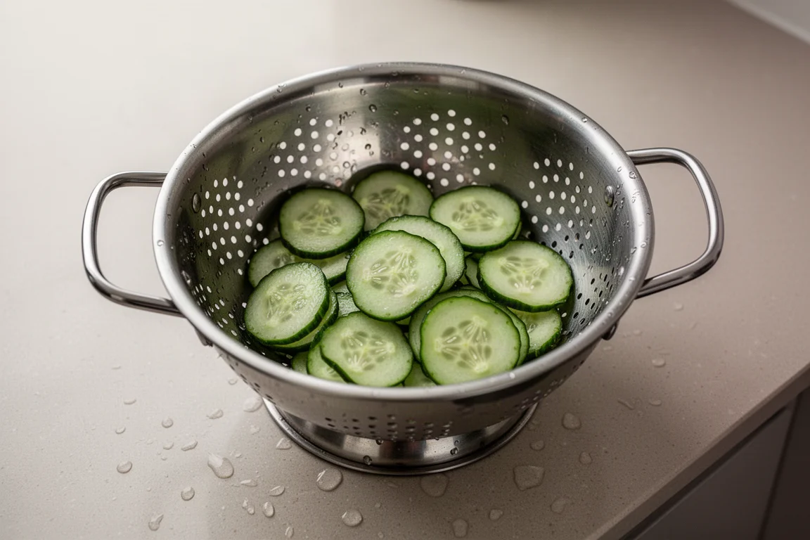 Salted cucumber slices resting in a colander to drain