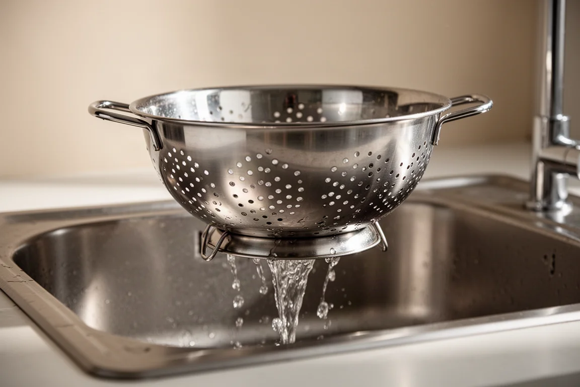 Colander elevated on feet inside a kitchen sink with water draining below