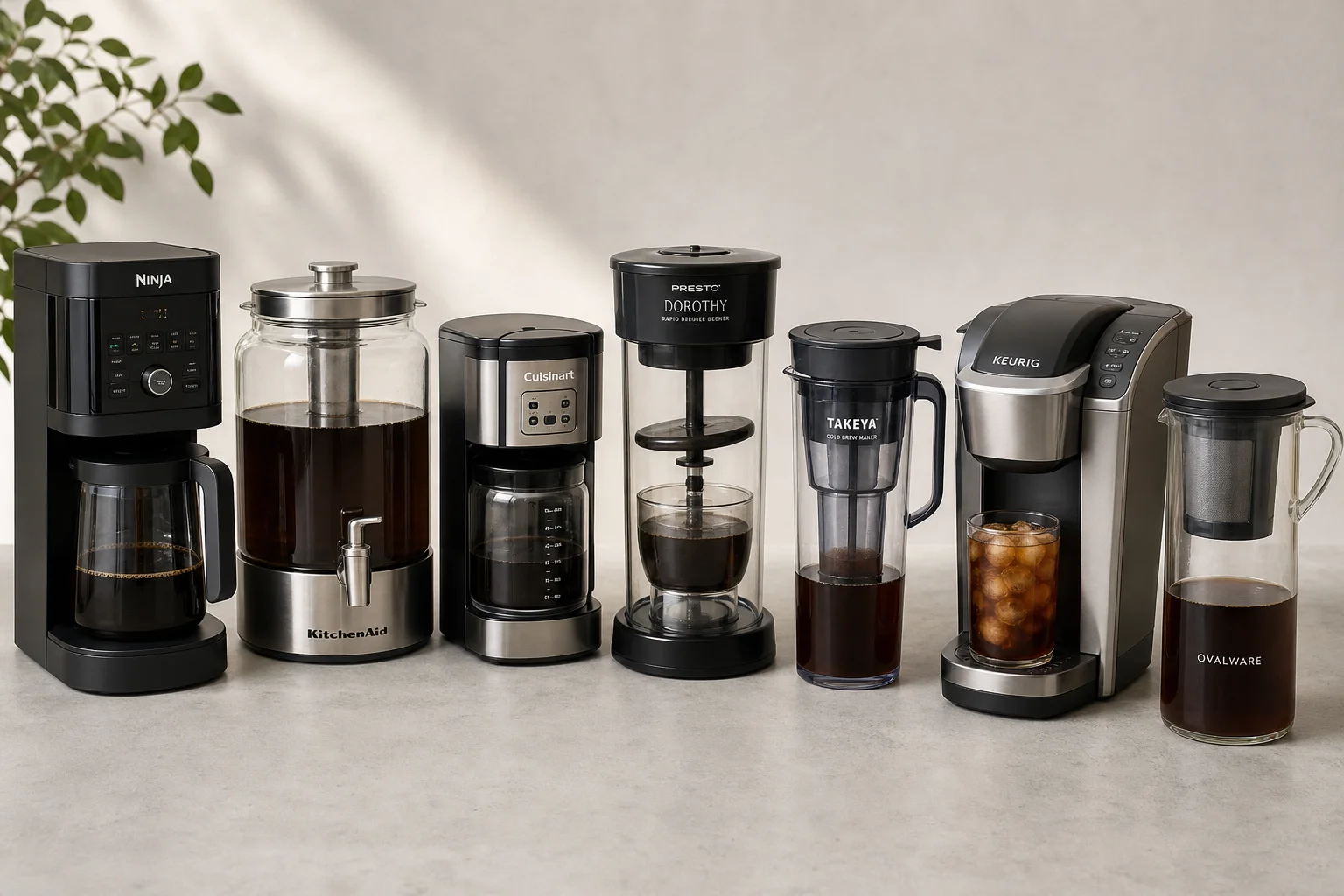 Seven cold brew and iced coffee makers arranged on grey concrete surface