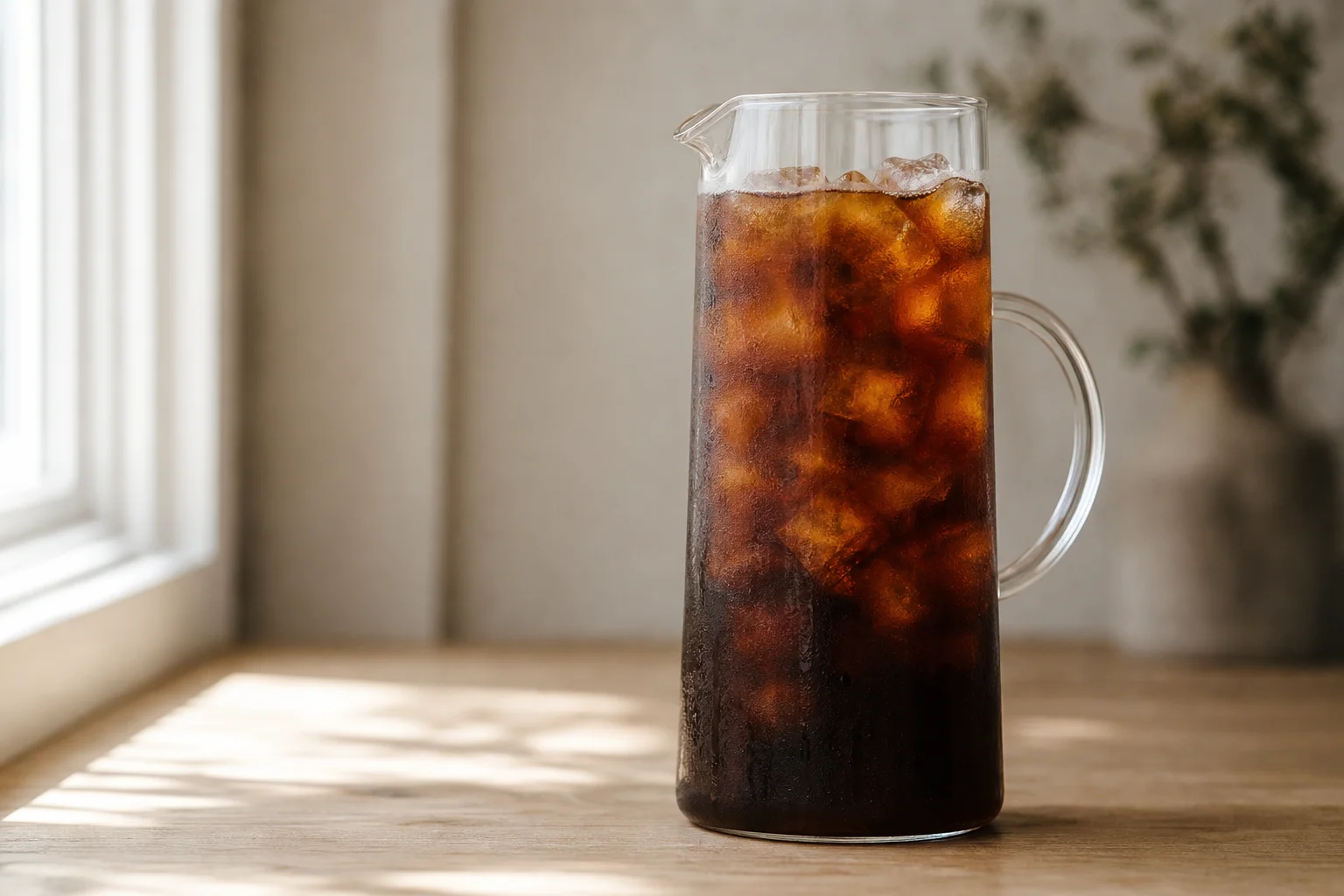 Glaskaraffe mit sanftem Cold-Brew-Kaffee, Eiswürfeln und Morgenlicht