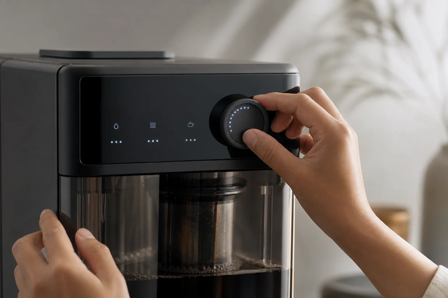 Hände bedienen eine elektrische Cold-Brew-Maschine mit Digitalanzeige