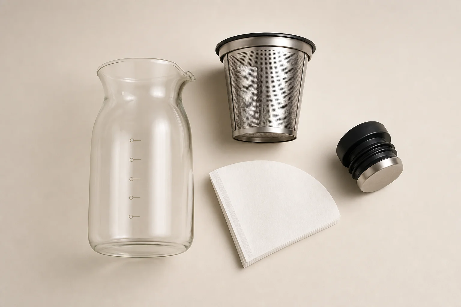 Draufsicht auf Cold-Brew-Zubehör inklusive Glaskaraffe und Siebfilter
