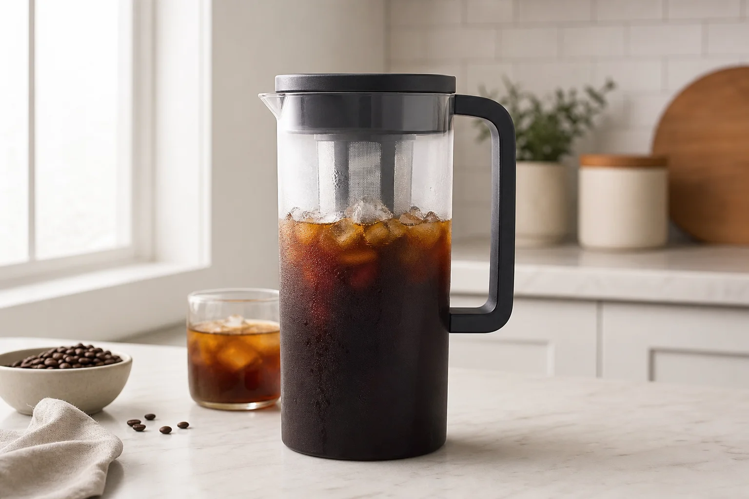 Robuster Cold-Brew-Krug aus Kunststoff mit luftdichtem Deckel auf einer Küchentheke