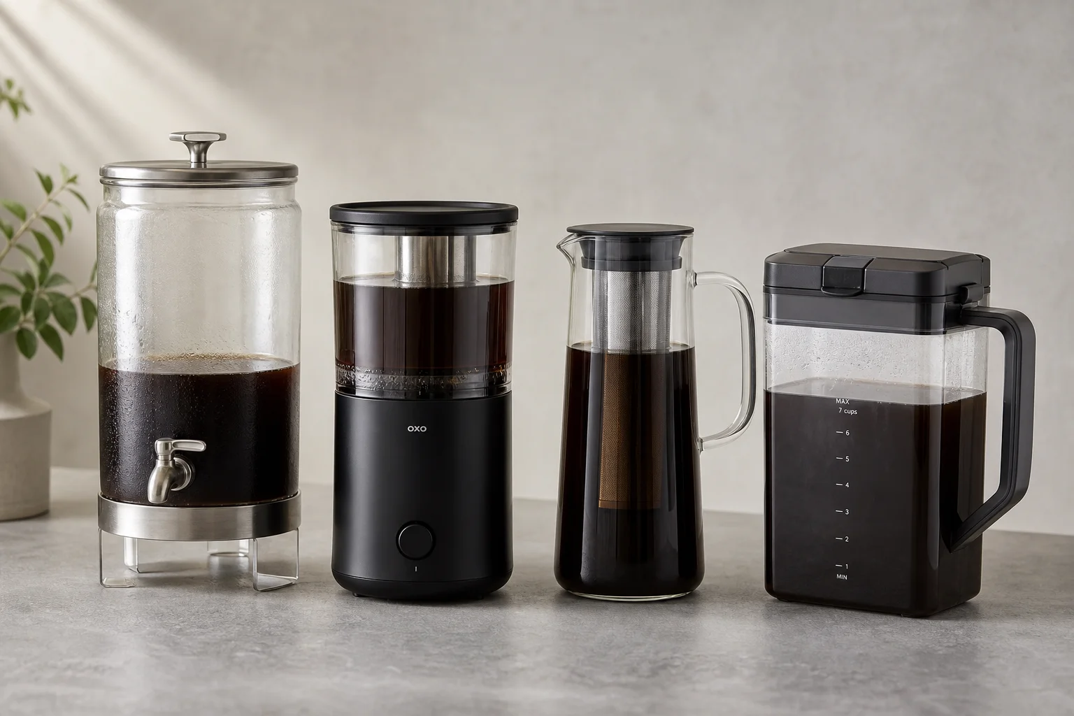 Fyra bryggare för cold brew uppställda på en betongyta
