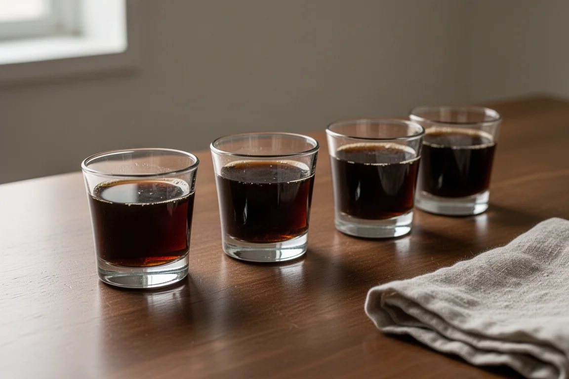 Bicchieri di caffè cold brew allineati su un tavolo di degustazione in legno