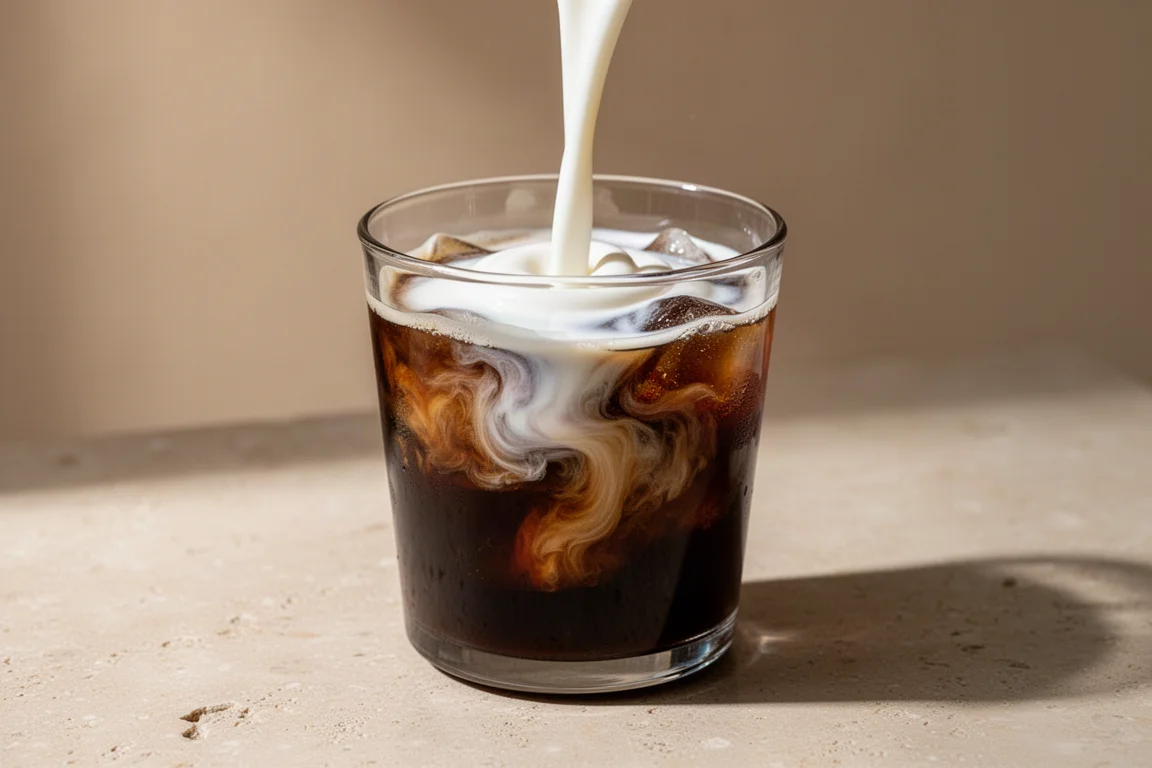 Latte versato in un bicchiere di cold brew scuro