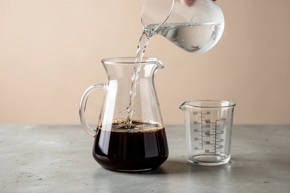 Cold brew concentrato diluito con acqua in una caraffa