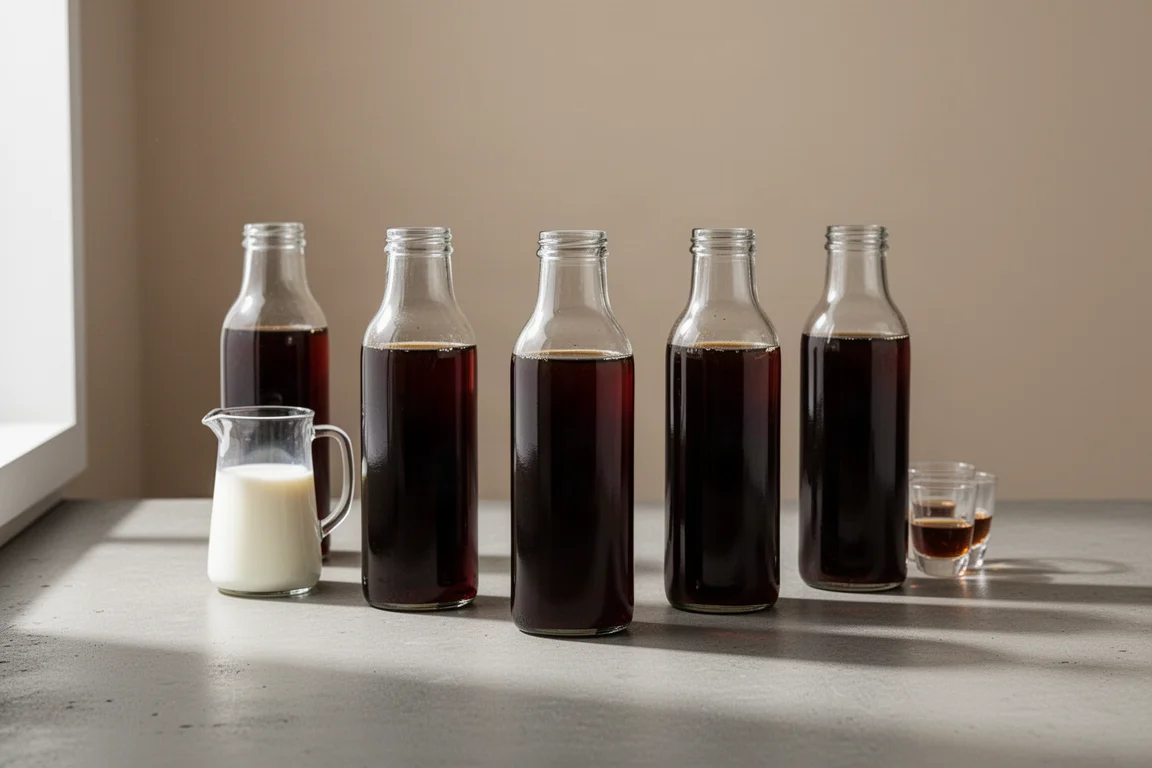 Four bottles of cold brew coffee on a concrete surface with milk and tasting glasses