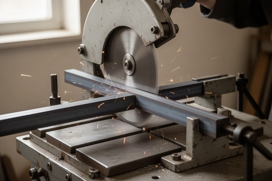 Cold saw cutting through a steel bar in a workshop