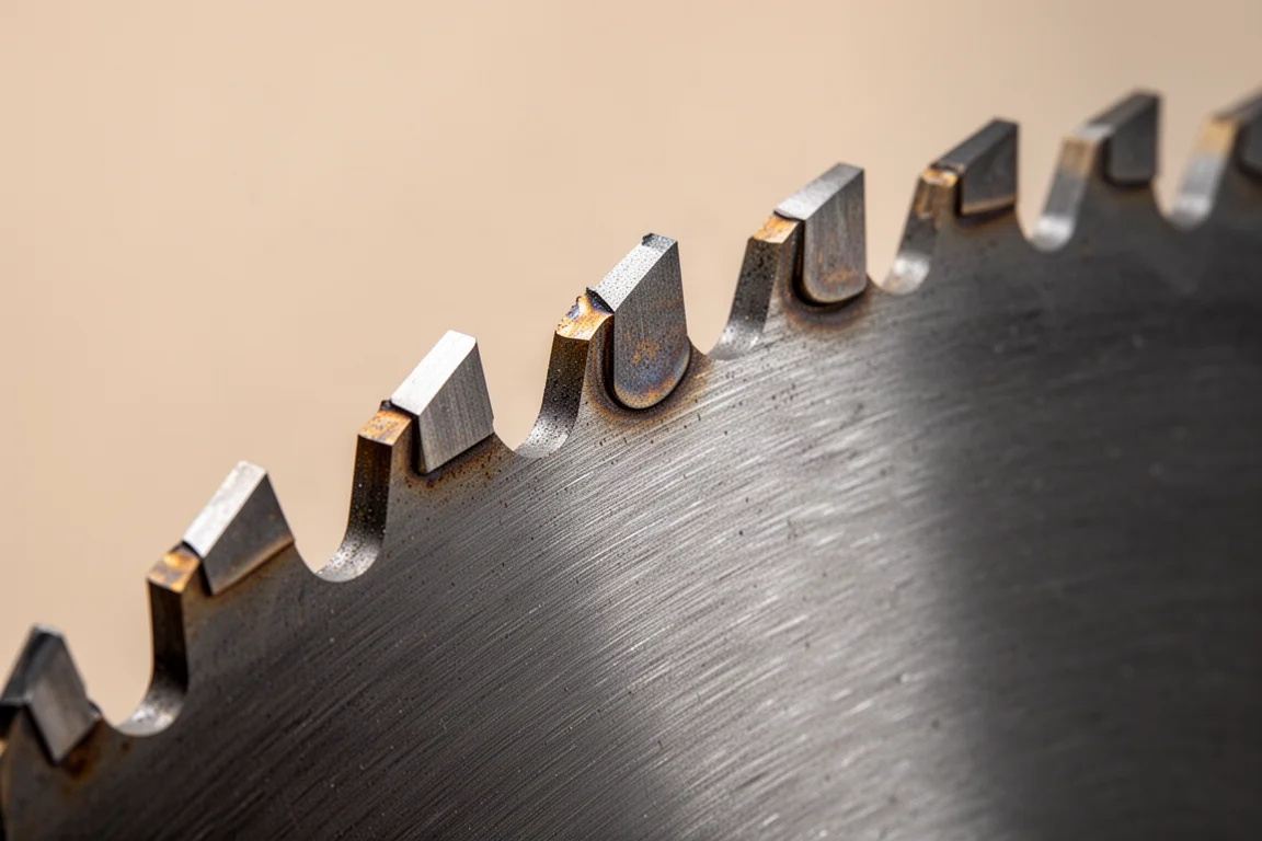 Close-up of carbide saw blade teeth on a cutting blade edge