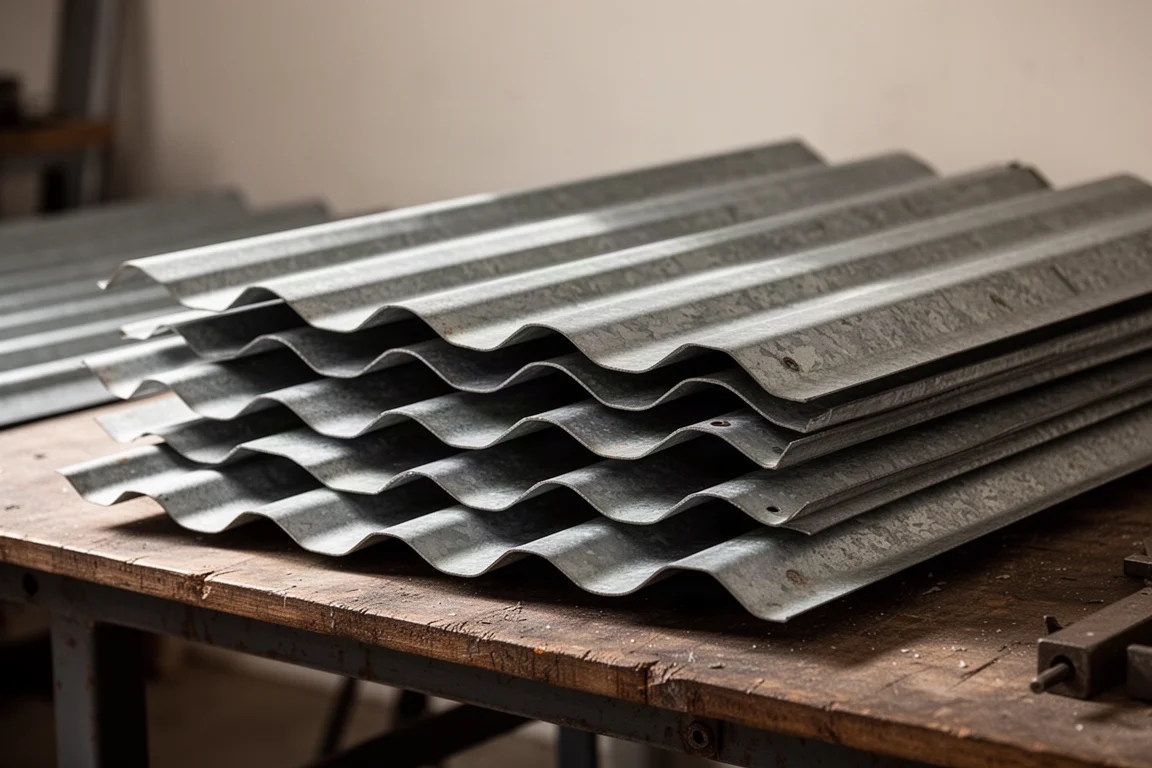 Stack of corrugated iron sheets ready for cutting