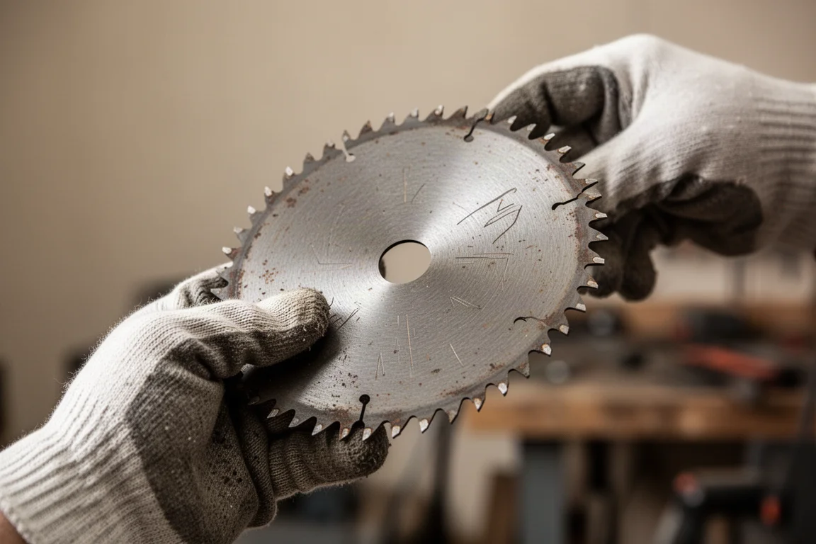 Worker inspecting a saw blade edge after a heavy cutting session