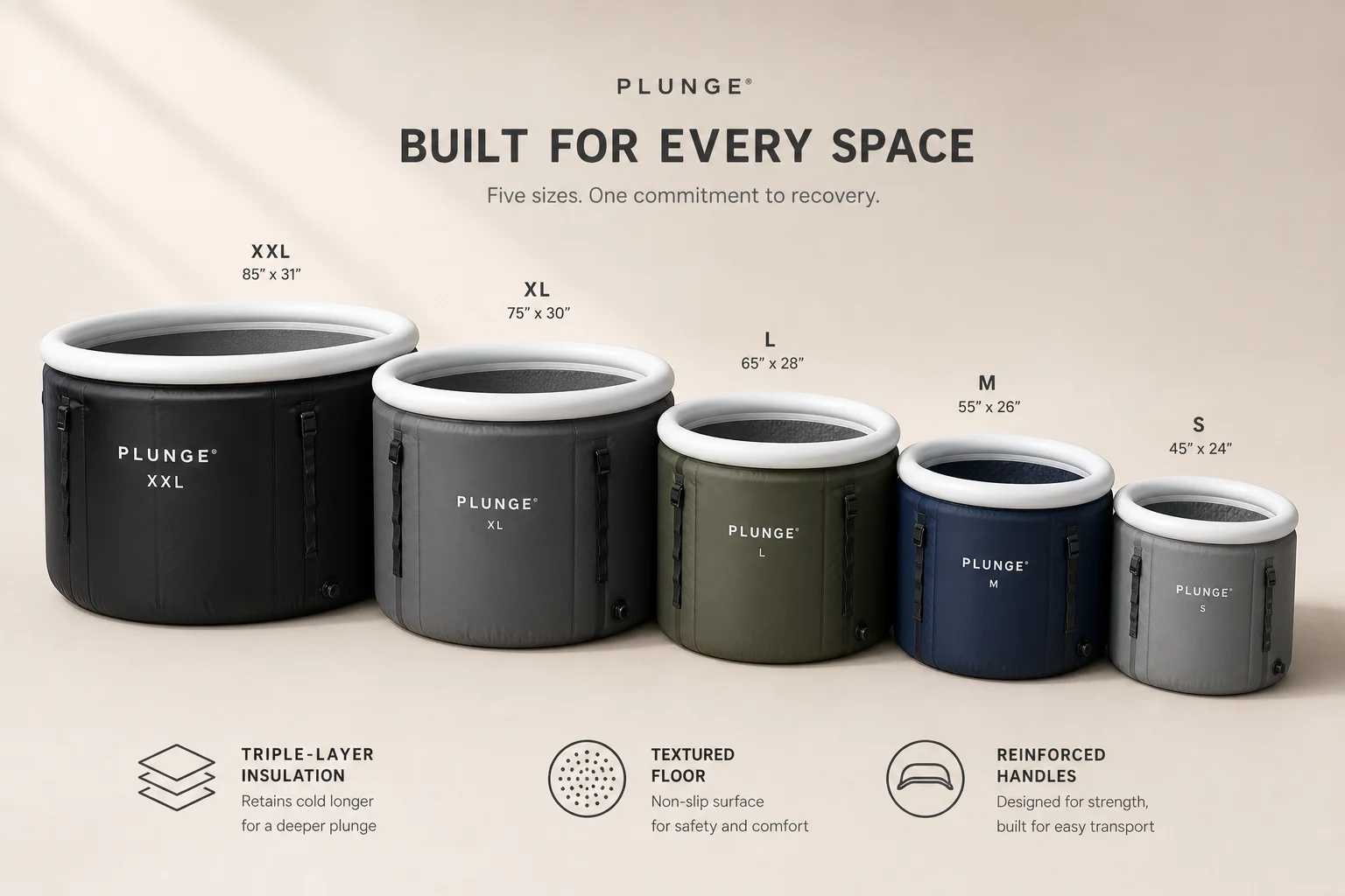 Five cold plunge tubs arranged by size on neutral backdrop