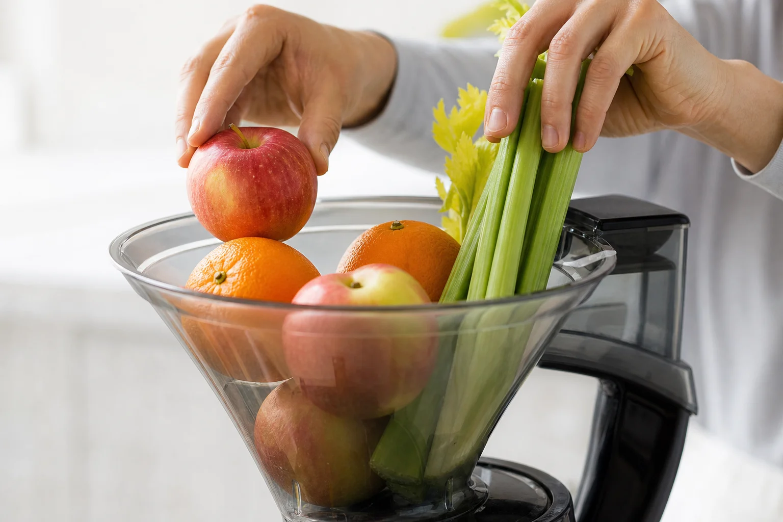 Whole fruits and vegetables being loaded into a large juicer hopper