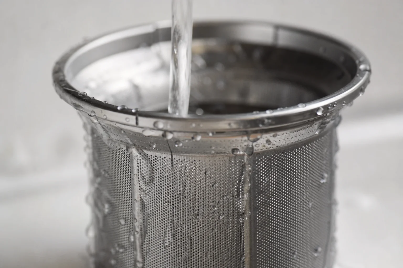 Stainless steel juicing screen component being rinsed under running water