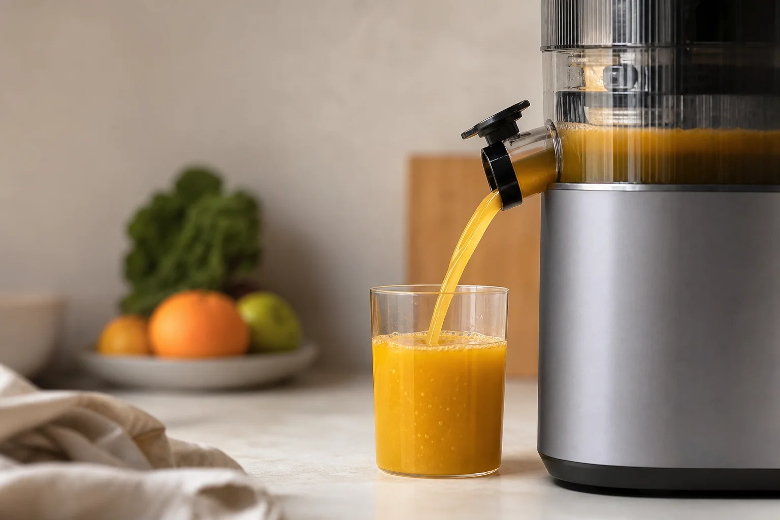 Fresh juice being dispensed into a glass from a juicer outlet